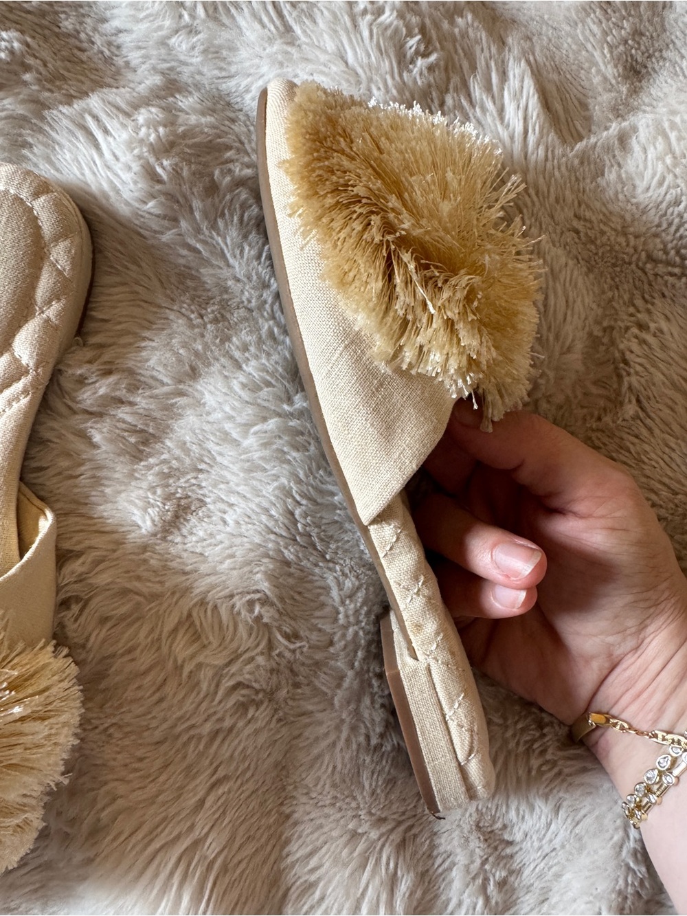 Birdies Songbird Champagne Gold Pom Slide Mules for Women - Picture 3 of 11